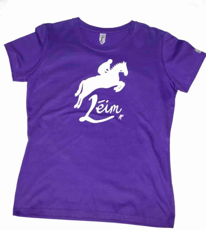 Ladies purple Irish language horse jump t shirt